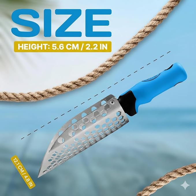 CKG Hand Sand Scoop for Metal Detecting with Ergonomic Blue Handle, Detecting Shovel for Beach Sand Sifter, Heavy Duty Stainless Steel, Perfect from Metal Detector Accessories