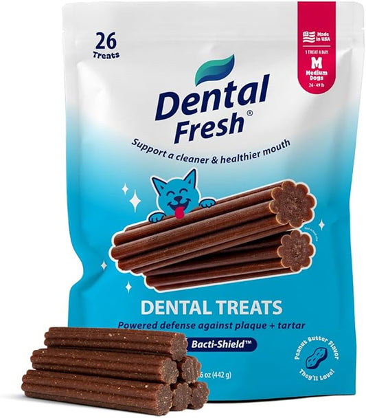 Dental Fresh Dental Treats for Medium Dogs, Vet-Formulated Teeth Cleaning Dental Sticks to Help Reduce Plaque and Tartar and Freshen Breath, 26 Count Brush Free Dental Chews for Dogs 26 to 49 lbs
