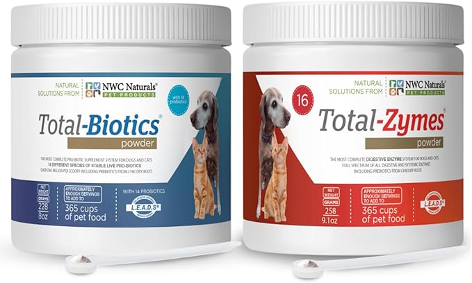Twin Pack - Probiotics and Digestive Enzymes for dogs and cats one Total-Zymes and one Total-Biotics 8-Ounce