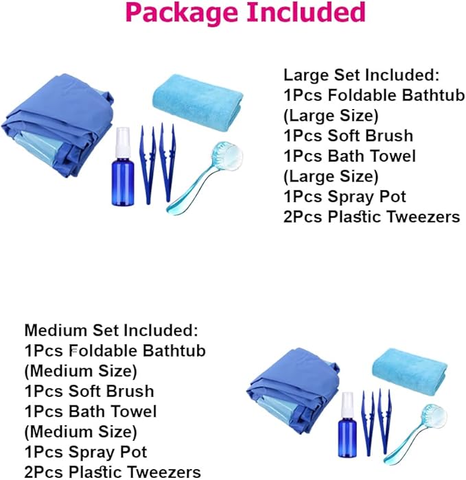 6Pcs Bearded Dragon Pool – Foldable Reptile Bathtub & Towel (Large or Medium Size), Bath Brush, Spray Bottle & Plastic Tweezers for Bearded Dragons, Bearded Dragon Bath Accessories (Large)