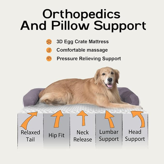 MEKIY Orthopedic Waterproof Dog Bed with Bolster for Extra Large Size Dogs | Pillow Support for Neck Relief, Egg Crate Foam, Waterproof Liner, Anti-Slip Bottom, Removable Bolster Cover, 48 x 33 Inch