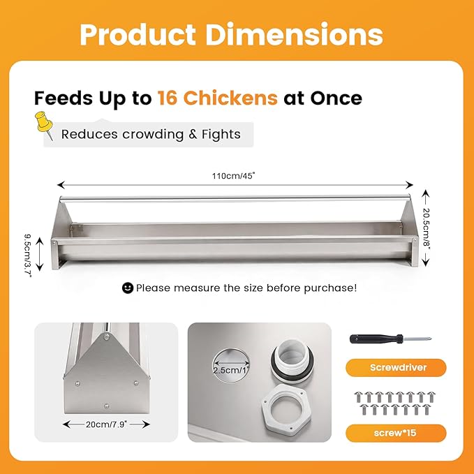 Chicken Feeding Trough 45" Large Capacity Stainless Steel Chicken Feeder Trough with Drainage Holes & Crossbar Poultry Feeder Trough for Chicken,Duck,Geese,Turkey Coop Accessories Supplies