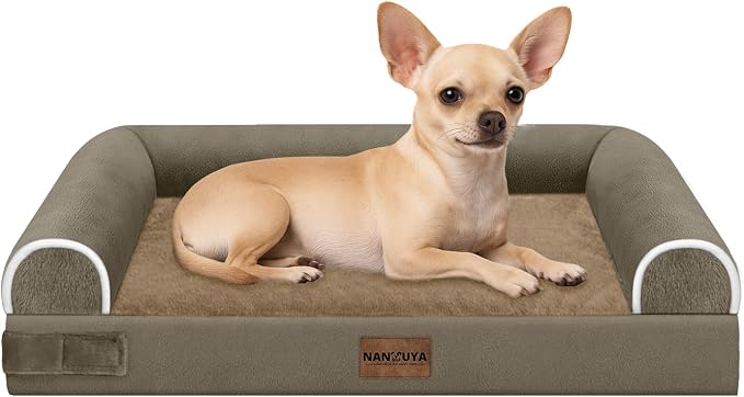 NANUYA Orthopedic Dog Bed for Small Dogs, 24 x 16 Inch, Brown | Egg crate foam for joint support, 3-sided bolster pet sofa, waterproof lining, washable cover, and non-skid base