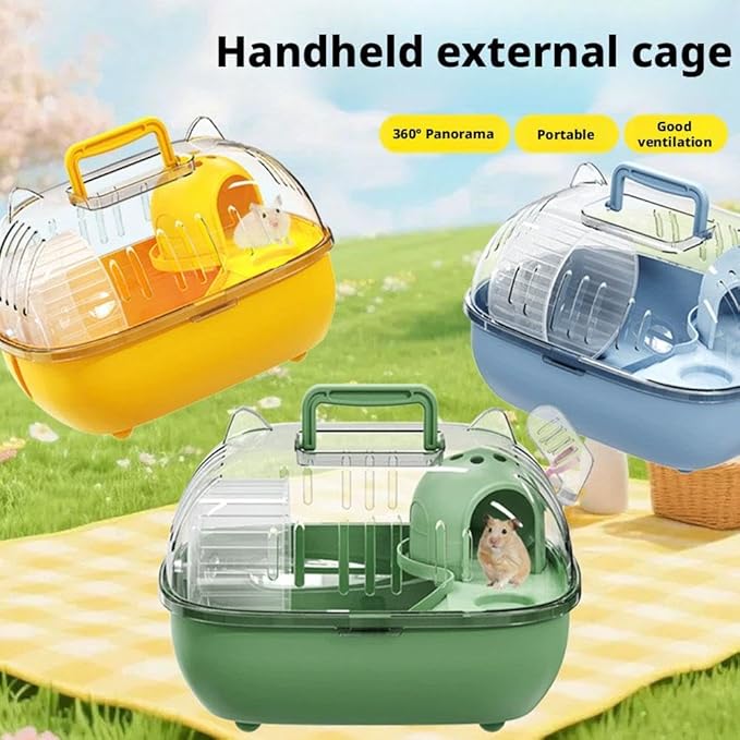Portable Hamster Cage – 11" Cat Ear Shape Small Animal Habitat with Exercise Wheel, Water Bottle, Hideout House & Platform, Transparent Carrier for Hamsters, Gerbils, Mice