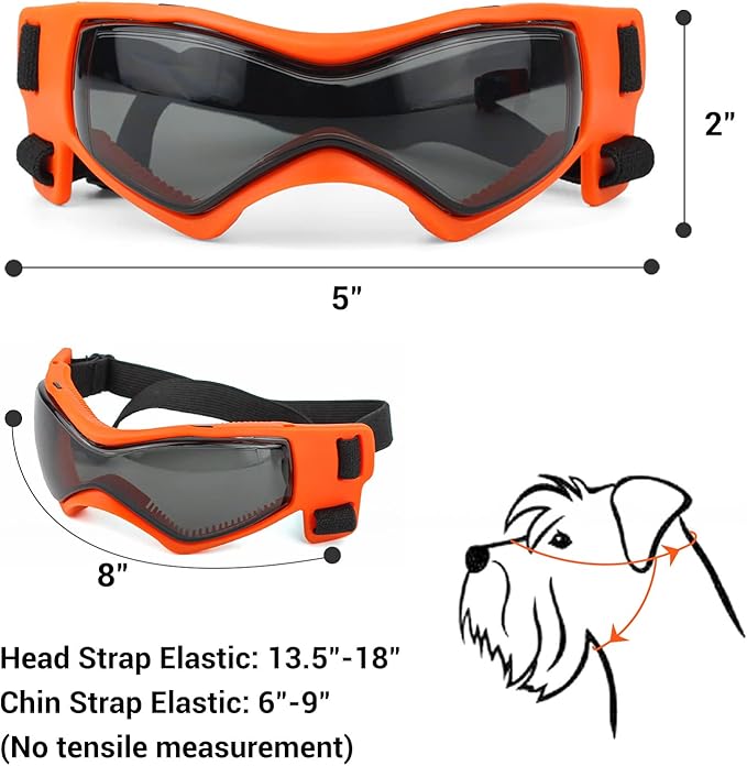 PETLESO Dog Goggles for Small to Medium Breed, Anti-UV Dog Sunglasses Outdoor Riding Driving Hiking, Pet Glasses Windproof Anti-Fog Dustproof Snowproof, Adjustable Straps, Medium Orange