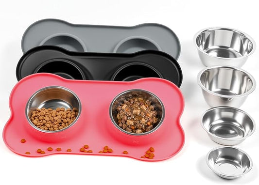 Conlun Dog Bowls with Silicone Feeding Mat,No Spill Food Water Dish Set,Dishwasher Safe,2 Stainless Steel Puppy Bowls with Dogs Bandanas,Suitable for Tiny Pets Under 8lbs,Extra Small,Pink