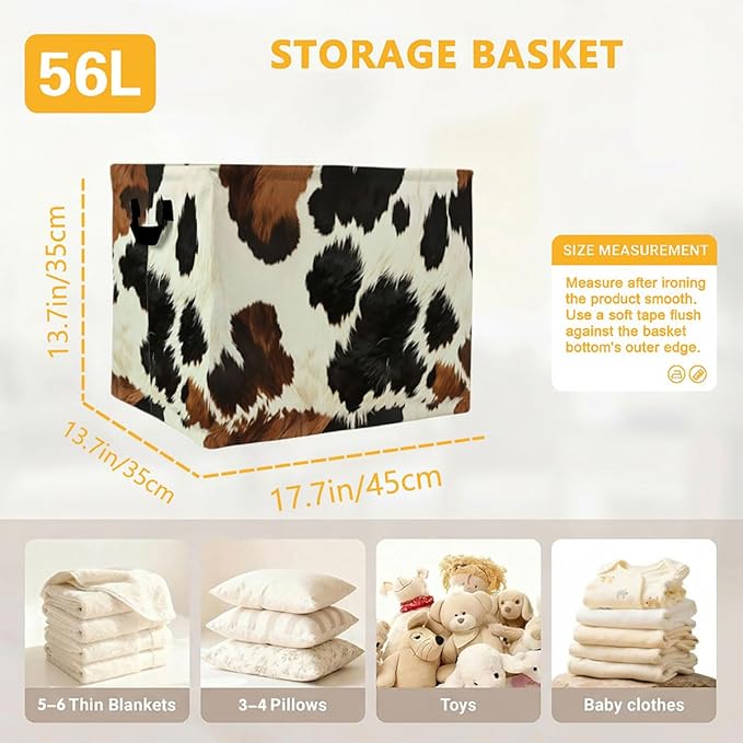 56L Cow Print Laundry Basket Clothes Hamper with Handles,Foldable Blanket Storage Large Laundry Hamper with Waterproof,Toy Storage Bin Organizer,Cube Clothes Organizer,Home Decor Gifts