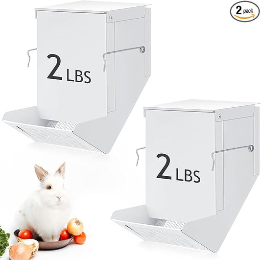 Maxcheck 2 Pcs Rabbit Feeder for Cages Small Animal Food Pellet Dispenser with Lid Metal Chicken Grit Oyster Shell Squirrel Feeders Outside(4.7 Inches,Mesh Bottom,White)