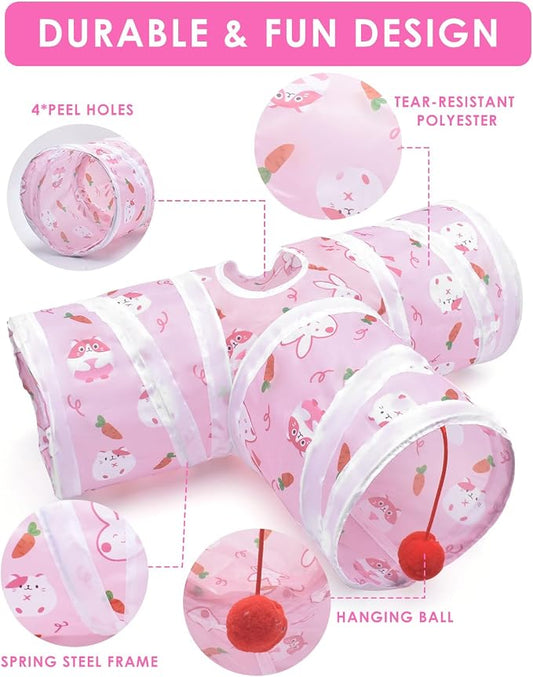 Ferret Guinea Pig Tunnel Collapsible Bunny Tube with 1 Play Ball 3 Ways Pet Rabbit Tunnels Hideout for Indoor Kitten Chinchilla Hamster Rat Small Pet Activity Fun Toys (Pink)