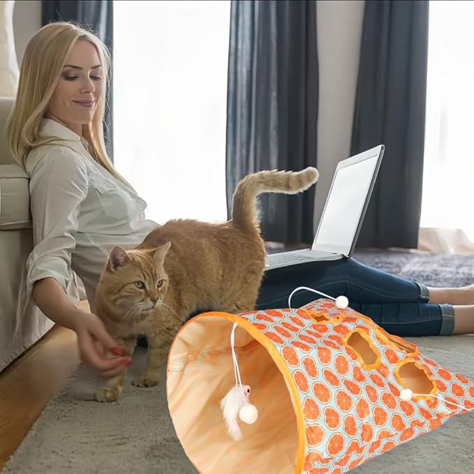 Cat Tunnel Toy, Cat Tunnel Bags with 1 Little Mouse & 3 Ball Crinkle Sack Bag for Cats, Portable Training Cave Collapsible Interactive Cat Drill Bag Pet Toy, Cat Self Interactive Toys(Orange)