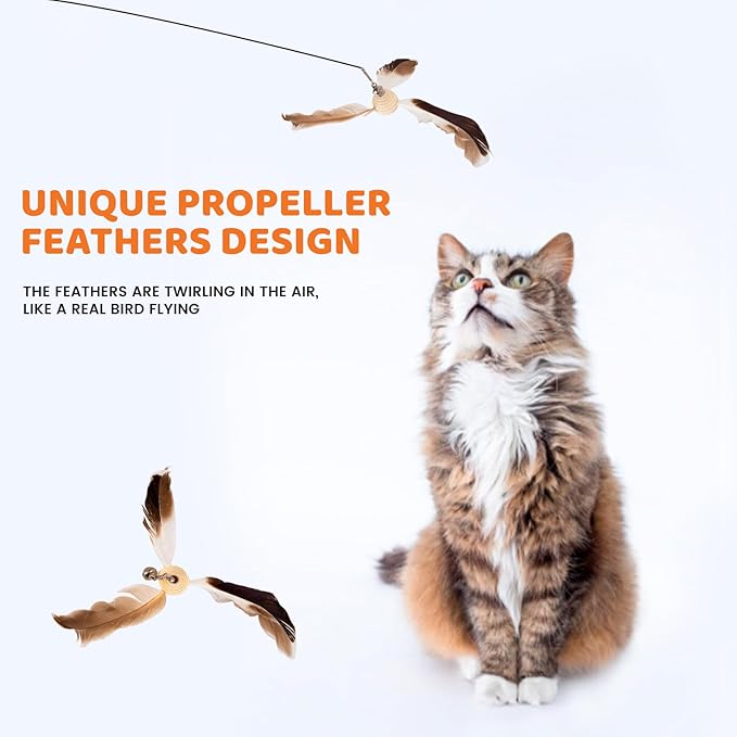 8pcs Spinning Feather Propeller Refills for Cat Wand Toy, Cat Toy Wand Attachment Replacement with Lobster Clasp, Spining Propeller Toys, Propeller Toy with Bell (Brown)