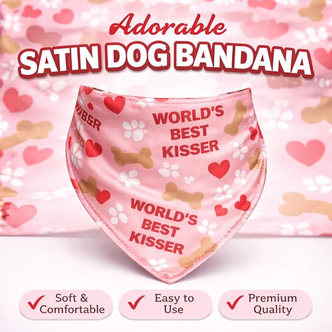 Luxury Satin Dog Bandana – Slip-On Collar Style, Premium Pet Scarf for Medium, Large & XL Dogs – Special Occasion Accessory (Collar Not Included) (Medium - Extra Large, World's Best Kisser)