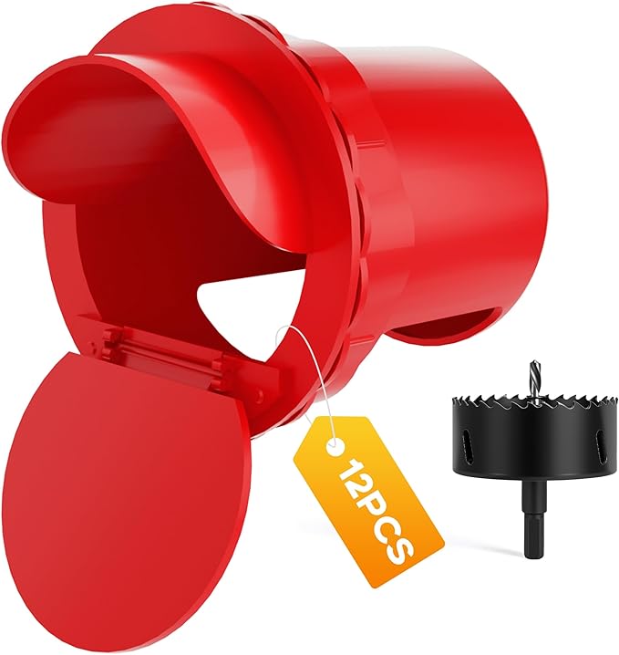 Chicken Feeder Port 12 Pack - No Waste DIY Poultry Feeding Kit with Stopper Lid & Hole Saw, Reusable Rain Proof Automatic Coop Gravity Feeder for Hens Ducks Geese (Red)