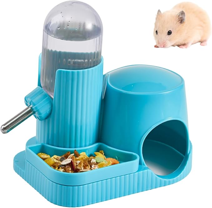 3 in 1 Hamster Water Bottle No Drip Automatic Leakproof Dispenser with Food Container and Hideout Base for Gerbil Rat Dwarf Hamster Mouse (Blue, 3.4oz)