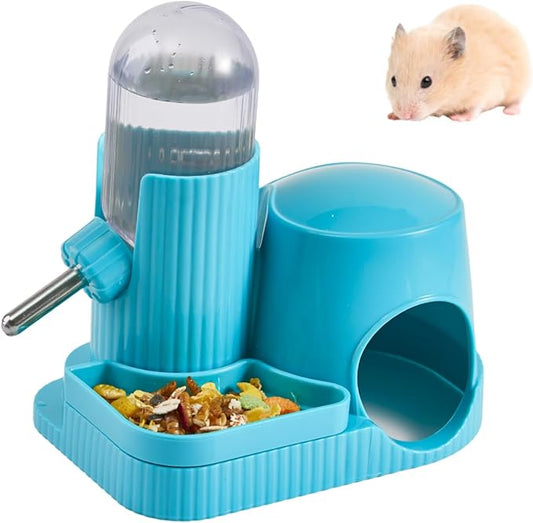 3 in 1 Hamster Water Bottle No Drip Automatic Leakproof Dispenser with Food Container and Hideout Base for Gerbil Rat Dwarf Hamster Mouse (Blue, 3.4oz)