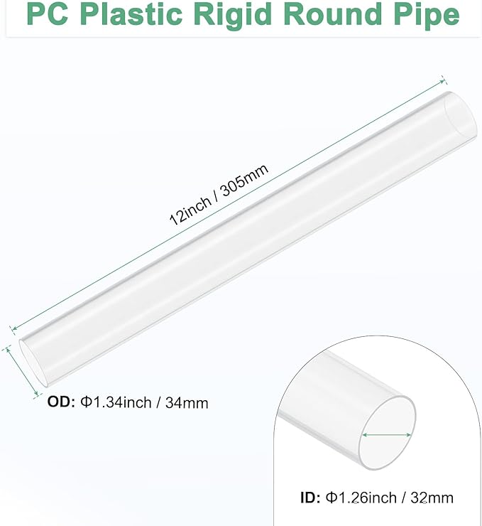 M METERXITY Clear Plastic Tube, 32mm[1.26"] ID x 34mm[1.34"] OD High Impact Rigid Polycarbonate Round Pipes for Water Plumbing/Lighting/Aquariums/Models, Plastic Tubing [305mm/12IN]