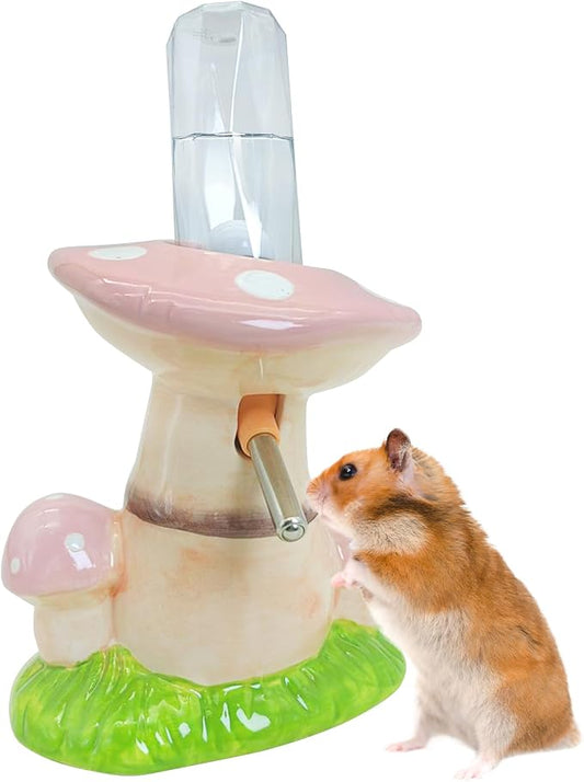 PINVNBY Hamster Water Bottle No Drip Ceramic Automatic Gerbil Water Bottle 80ML Water Dispenser with Mushroom Stand Holder for Gerbils Syrian Hamsters Dwarf Hamsters Mice (Pink)
