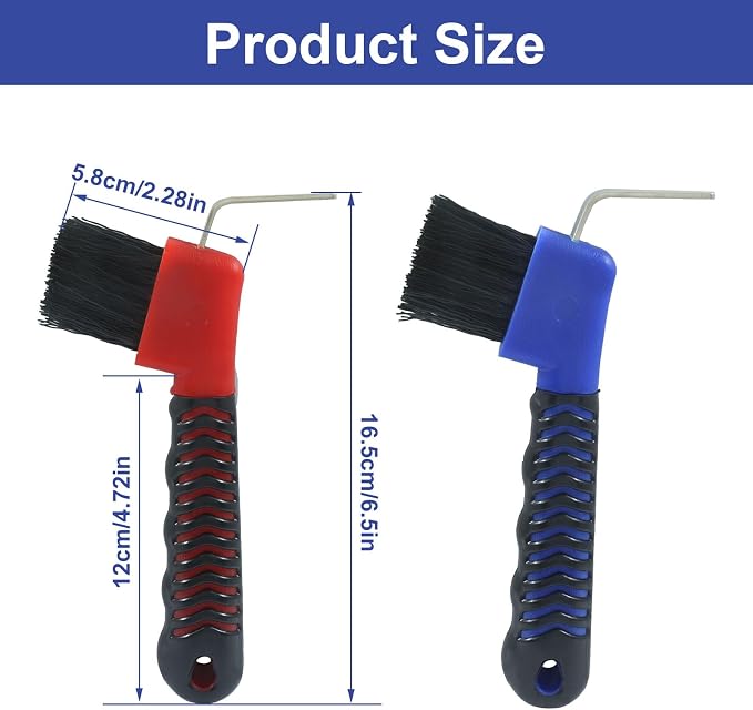 Horse Hoof Pick Brush, Soft Touch Rubber Handle Portable Hoof Pick for Horse Grooming, Cleaning (Red+Blue)