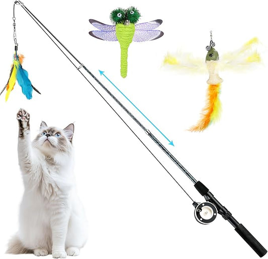 Pawaboo Cat Feather Toys, 4 Pack Interactive Cat Feather Teaser Wand Toys, Retractable Fishing Pole Wand Catcher Exerciser with Refill Fish, Dragonfly Worm with Bells, Blue Yellow Green