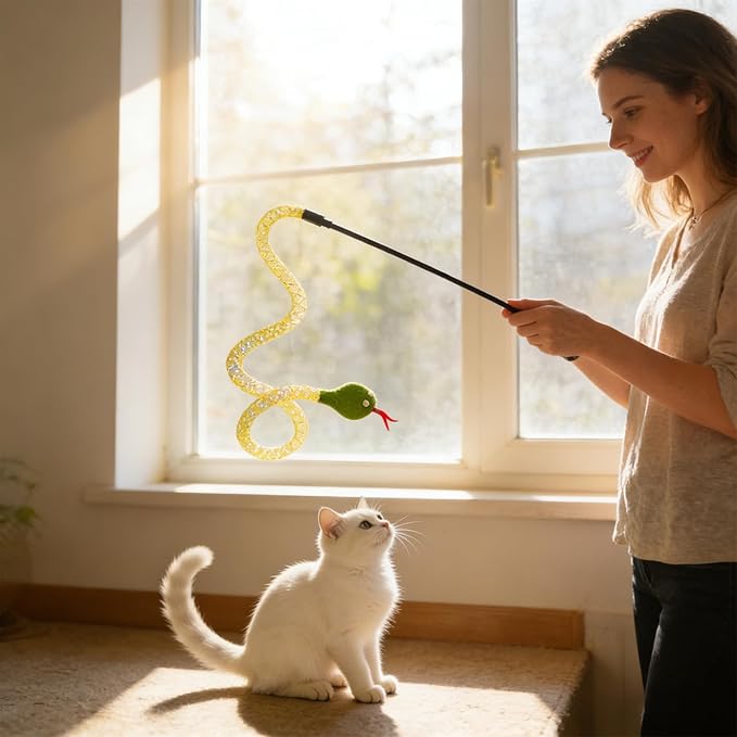 Cat Teaser Wand Toy for Indoor Cats, Cute Mesh Snake & Crinkle Plush Fabric Kitten Wand Kitty Toys Interactive Play Chase Exercise Wand String Toys Cat Toys for All Breed Sizes (Yellow,14.57+30.7inch)