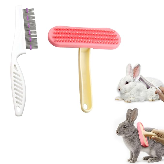 Bunny Brush Grooming Kit – Rabbit Deshedding Comb & Silicone Massage Brush for Shedding, Detangling & Fur Removal – Essential Small Animal Grooming Tools for Rabbits, Cats, Guinea Pigs, Chinchillas