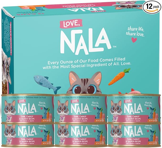 LOVE, NALA - Natural Adult Cat Wet Food - Pate Tuna, Carrot, & Salmon Recipe - Grain Free, Non-GMO, Digestive Fiber Blend, Minerals, Vitamins - 12 Pack 2.4 lbs.