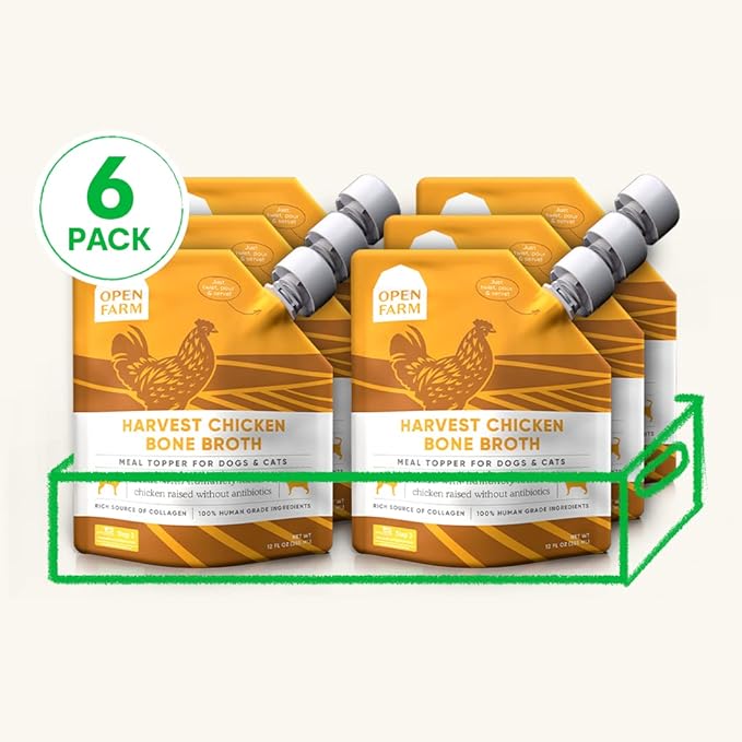 Open Farm Bone Broth, Food Topper for Both Dogs and Cats with Responsibly Sourced Meat and Superfoods Without Artificial Flavors or Preservatives, 72oz (6 Pack Harvest Chicken)