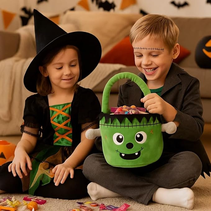 Halloween Plush Treat Basket, Halloween Candy Basket, Trick-or-Treat Bag (Green Frankenstein)