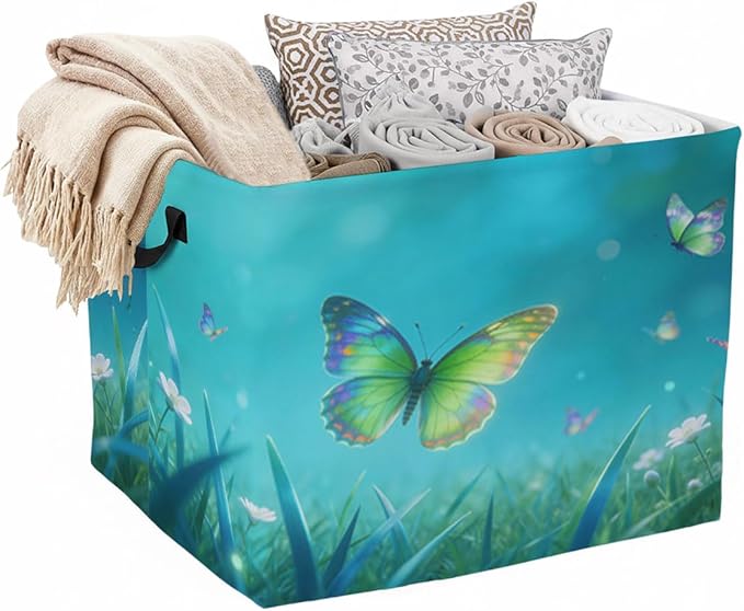 56L Butterflies Laundry Basket Clothes Hamper with Handles,Foldable Blanket Storage Large Laundry Hamper with Waterproof PE,Toy Storage Bin Organizer,Cube Clothes Organizer,Home Decor