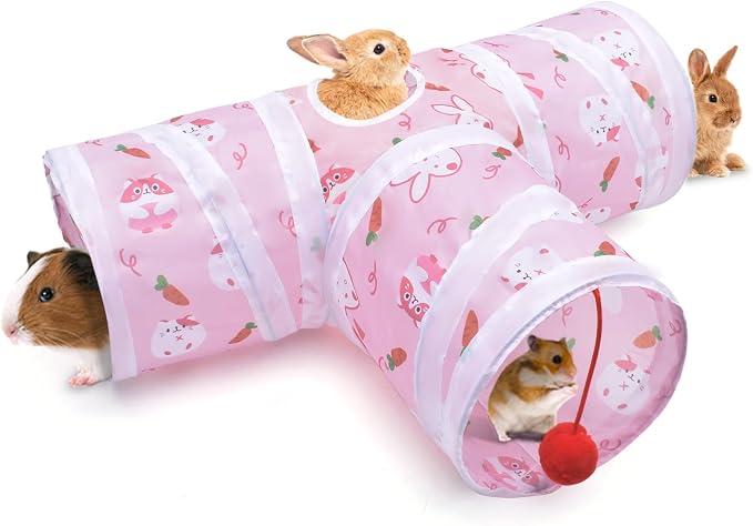 Ferret Guinea Pig Tunnel Collapsible Bunny Tube with 1 Play Ball 3 Ways Pet Rabbit Tunnels Hideout for Indoor Kitten Chinchilla Hamster Rat Small Pet Activity Fun Toys (Pink)