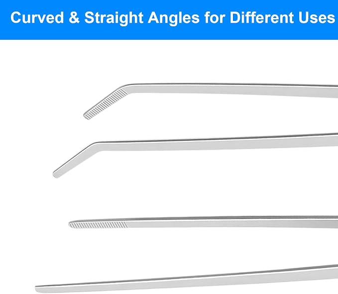 2 Pcs Reptile Feeding Tongs, 10.6IN Straight & Curved Extra Long Tweezers, Premium Stainless Steel Feeding Tools for Bearded Dragon, Lizards, Snakes, Aquarium & Terrarium