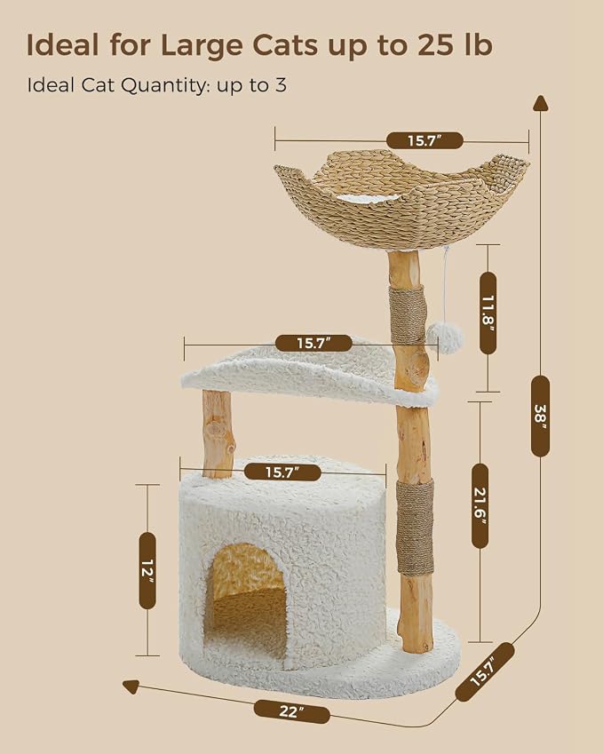 MUTTROS Modern Cat Tree Tower for Large Cats, Wood Cat Tower with Natural Scratching Post, Solid Wood Condo, Real Branch Luxury Cat Furniture with Curved Bed, Top Basket, White
