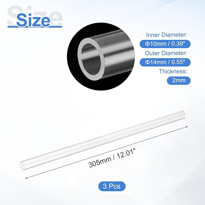 uxcell 3Pcs Clear Rigid Acrylic Pipe, 10mm(0.39") ID x 14mm(0.55") OD 12" Round Polycarbonate Tube Plastic Tubing for Plumbing, Lighting, Aquarium, DIY Projects