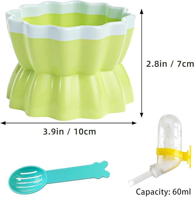 Ceramic Hamster Food Bowl Elevated Hamster Bowl Non-Tip Rat Feeding Dish with Water Bottle for Dwarf Gerbil Mouse Mice Sugar Glider (Green)