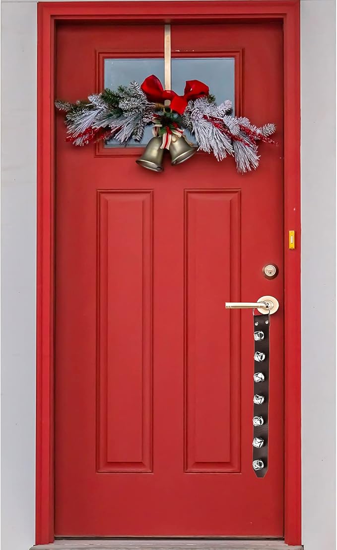 Frienda Hanging Jingle Sleigh Bells 7-Bell Dog Doorbells for Door Knob Faux Leather Belts Go Outside Dog Bells Christmas Decor and Holiday Decorations, 18.7 x 1.8 x 1 Inches(Brown with Silver)