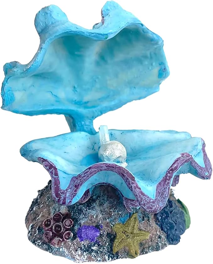 WishLotus Aquarium Decorations - Durable Resin Simulation Pearl Scallop Fish Tank Landscape Decorations - Pneumatic Opening and Closing Bubble Ornaments - Blue