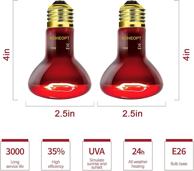 75W Reptile Heat Lamp Bulb, Infrared Heat Emitter Red Heat Lamp for Reptile Amphibian, Infrared Basking Spot Light Bulb,Red Heat Lamp for Chickens、Lizards、Snakes、Turtles 2-Pack