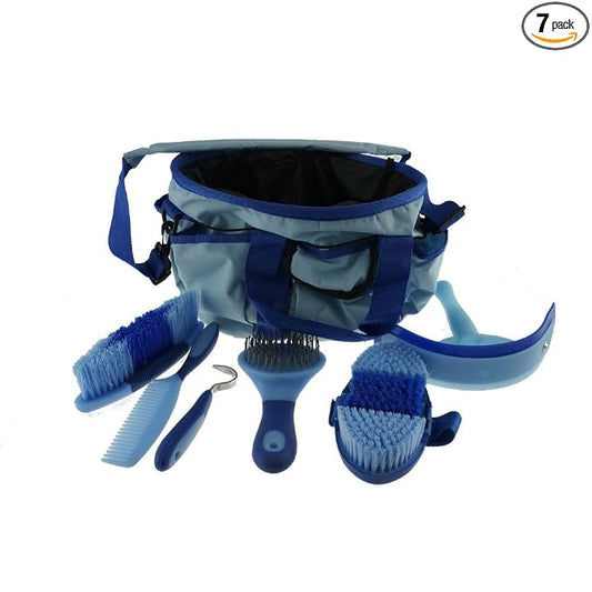 Portable Equine Grooming Tools Kit Horse Care Bag 7 Pieces-Blue