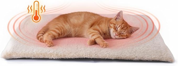 FunFurry Self Warming Cat Bed, Heating Cat Pad, Extra Soft Flannel Surface, Removable ＆ Washable, Thick Thermal Mat with Non-Slip Bottom (Ivory, 24" X 18")