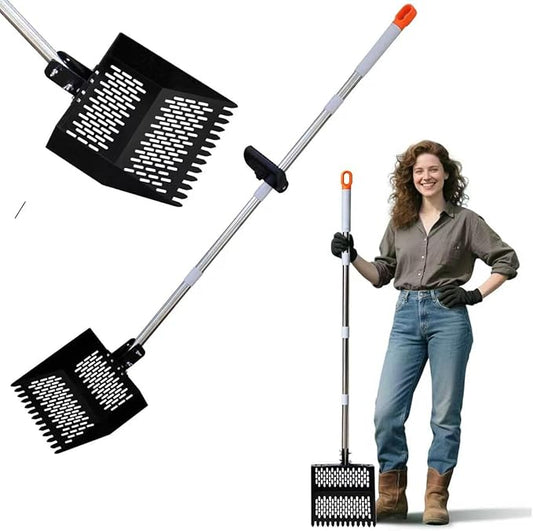 12inch Width Heavy Duty 2-in-1 Chicken Poop Scooper & Rake, Stainless Steel Chicken Coop Litter Sifting Shovel with Ergonomic Grip & Adjustable Angle, Sand Scoop for Coop, 37-54 Inch (12inch)