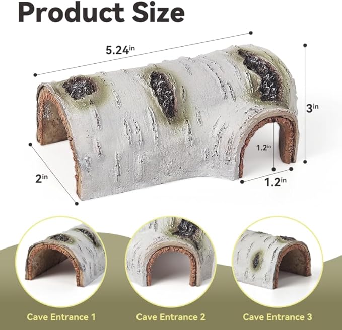 Artificial Birch Log Hide Reptile Shelter, Natural-Looking Reptile Hide for Bearded Dragons, Realistic Resin Hollow Log Hideout, Aquarium Resin Bark Decor