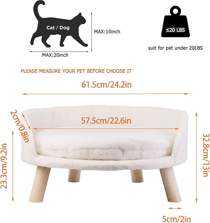 Elevated Dog Bed: Raised Dog Bed Round with Cozy Pad Waterproof - Nordic Wooden Doggie Sofa Bed with Sturdy Wood Legs Anti Slip for Medium Dogs Rabbit