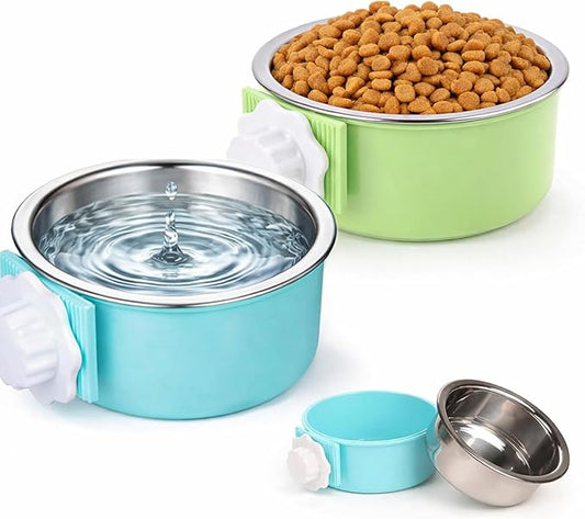 HERCOCCI 2Pcs Dog Crate Bowls, Hanging Removable Stainless Steel Food and Water Bowls for Puppies, Small Dogs, Cats, Rabbits & Ferrets (Blue, Green)