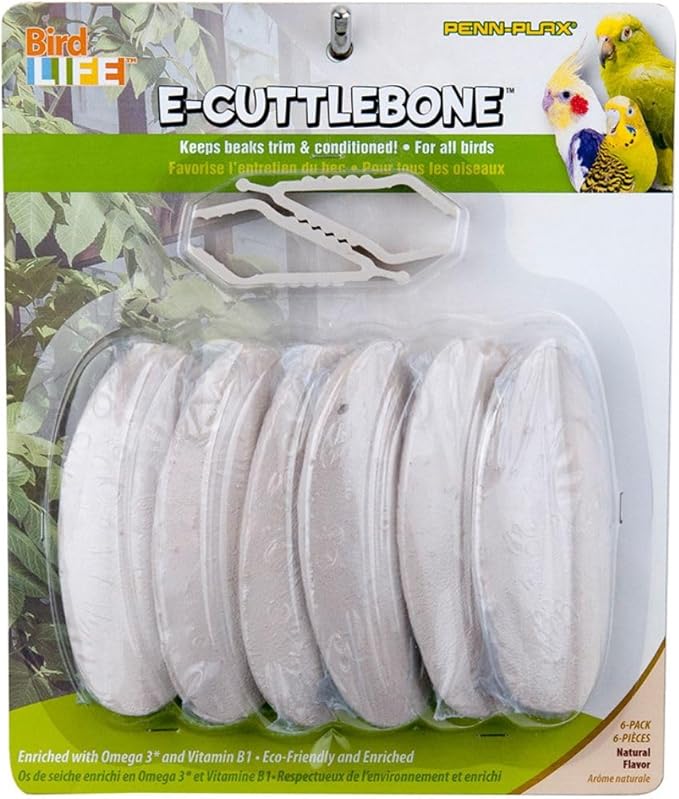 Penn-Plax Bird-Life E-Cuttlebone Natural, 1 Pack (6 Counts) - Durable, Less Brittle Cuttlebones Enriched with Omega 3, Honey & Vitamin B1 - Easy Mounting, Cage Clip - Great for All Bird Sizes - White