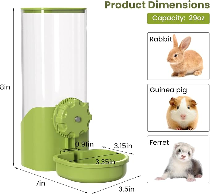 Rabbit Water Bottle for Cage Crate, 29oz No Drip Hanging Automatic Pet Water Dispenser for Small Animal Guinea Pig Bunny Chinchilla Ferret Hedgehog Puppy Cat (Green)