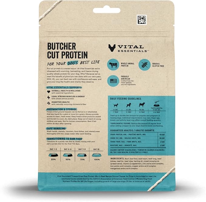 Vital Essentials Freeze Dried Dog Food Topper, Raw Beef Ground Topper for Dogs | Complete Meal or Topper | High Protein, Grain Free Dry Dog Food Mix-in | 6 oz Bag