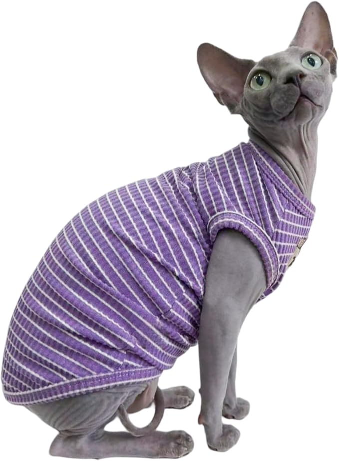 Purple Stripe Sphynx Cat Vest Clothes for Hairless Cat T-Shirt Apparel | Sleeveless, Rib Knit, Thin for Summer, Cotton Blend
