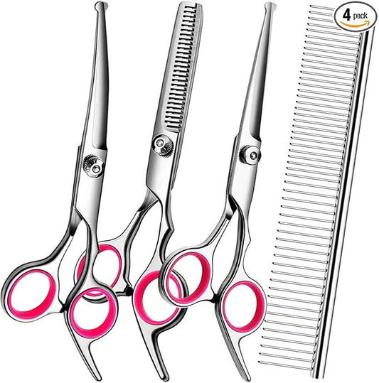Dog Grooming Scissors Kit, Premium Stainless Steel Dog Shears with Curved Shears, Sharp Durable for Dogs Cats+Pink 4 Piece