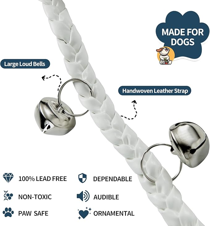 Dog Bells to Go Outside & Puppy Potty Training. Adjustable Dog Door Bell Ring to Go Potty. Handmade with Premium PU Leather. Twisted Style. (White)