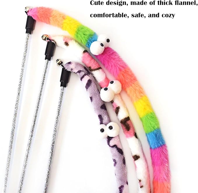 3 PCS Cat Wands, Soft Plush Srtip Kitten Wands Interactive Kitten Toys Cute Teaser Wands for Indoor Cats